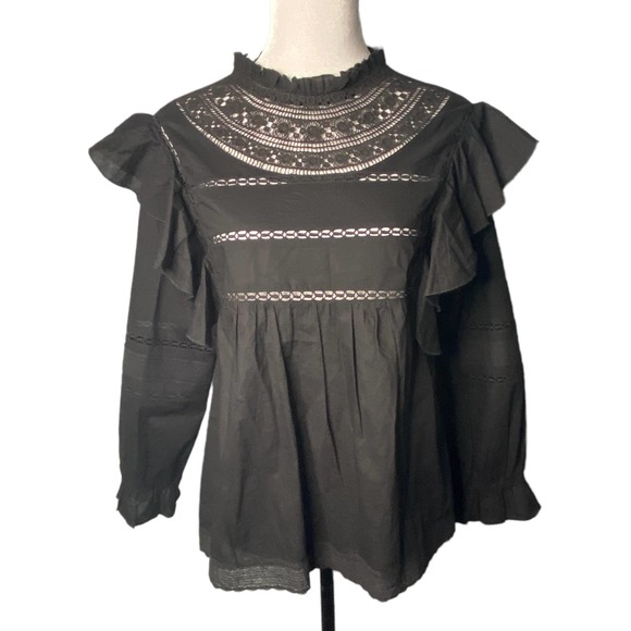 Elan Tops - Elan Long Sleeve Cotton Ruffle Top Black Size Small